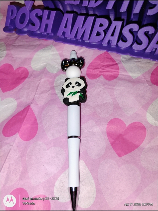 Handmade Other - 🌷White Panda Topper Ballpoint Pen with Green Accent - Cute Desk Accessory